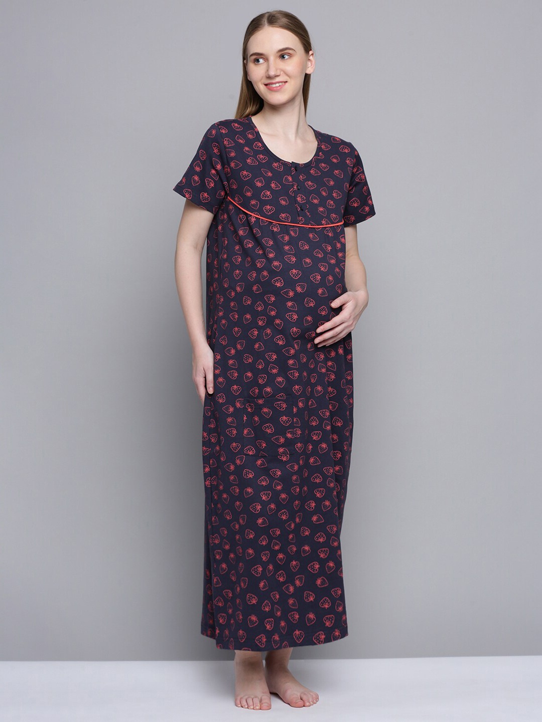 

Kryptic Conversational Printed Pure Cotton Maternity Maxi Nightdress, Navy blue