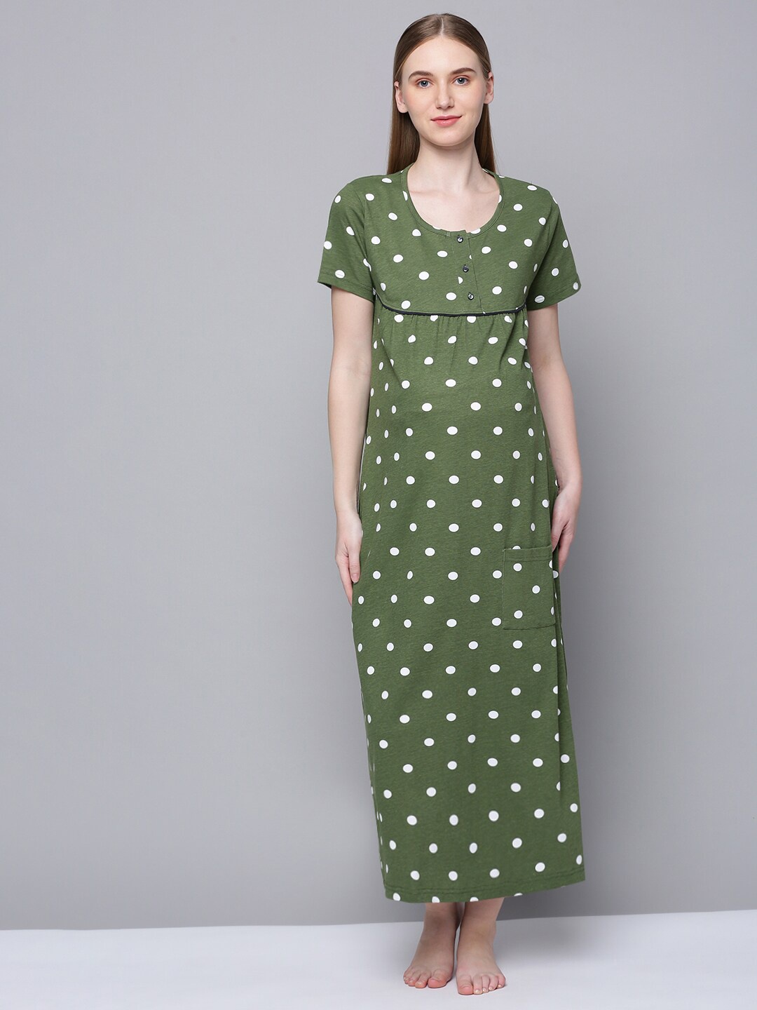 

Kryptic Polka Dots Printed Pure Cotton Maternity Maxi Nightdress, Green