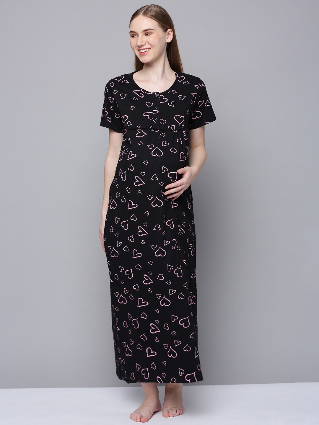 

Kryptic Conversational Printed Pure Cotton Maternity Maxi Nightdress, Black