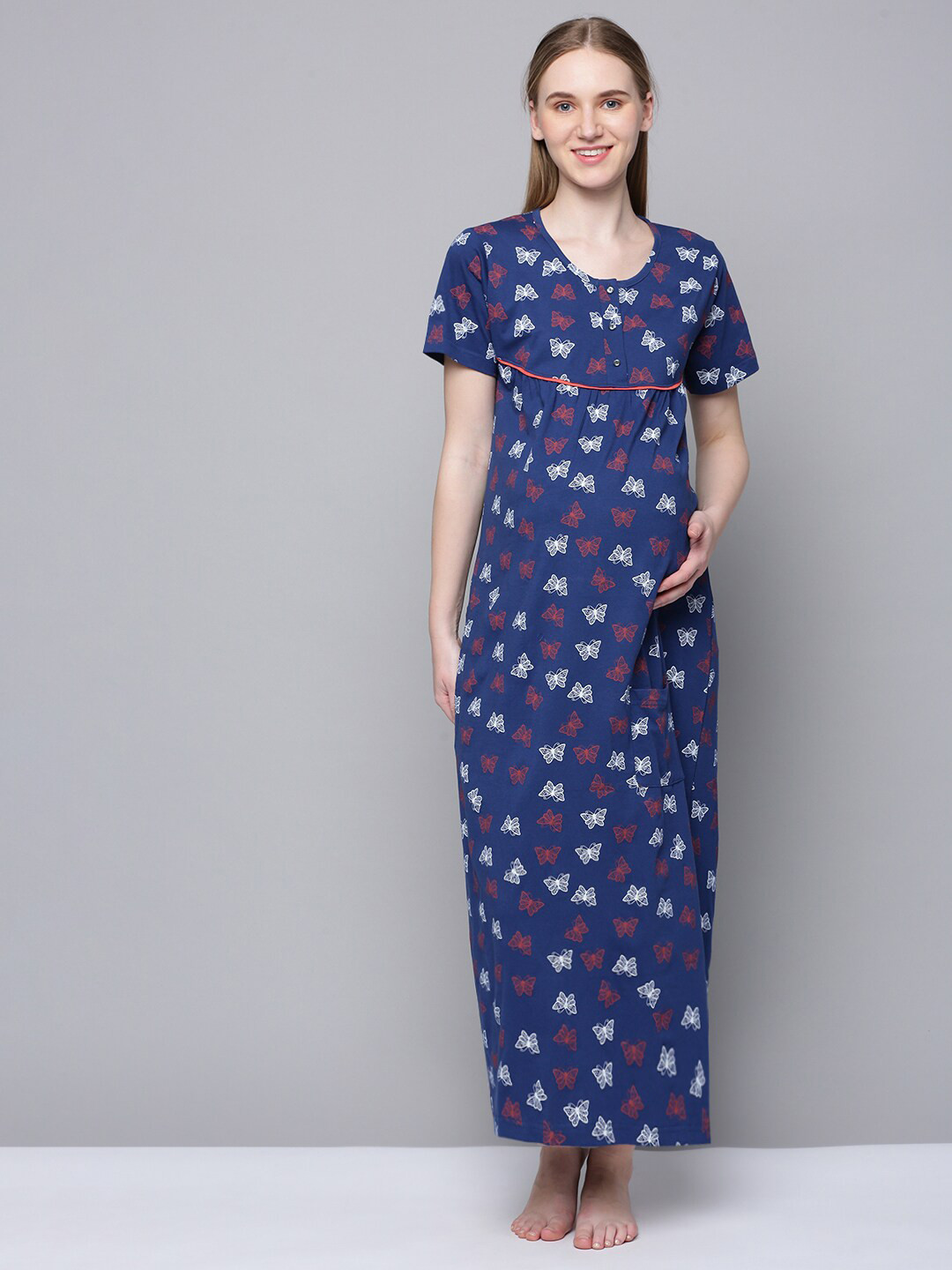 

Kryptic Conversational Printed Pure Cotton Maternity Maxi Nightdress, Navy blue