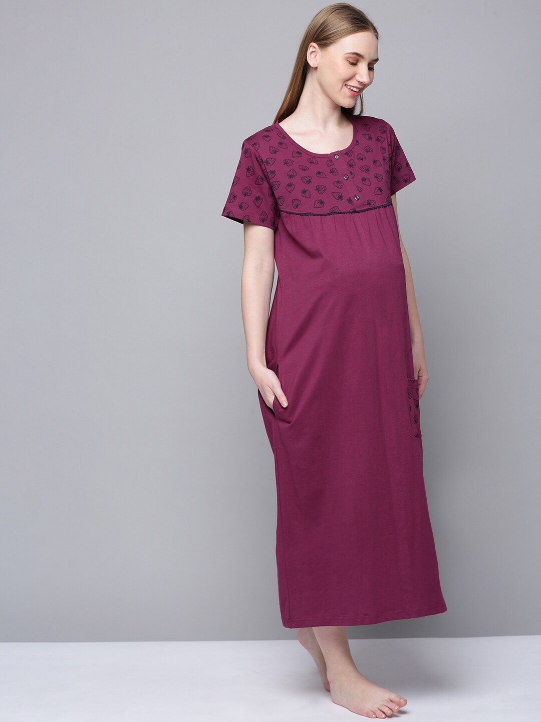 

Kryptic Conversational Printed Pure Cotton Maternity Maxi Nightdress, Burgundy