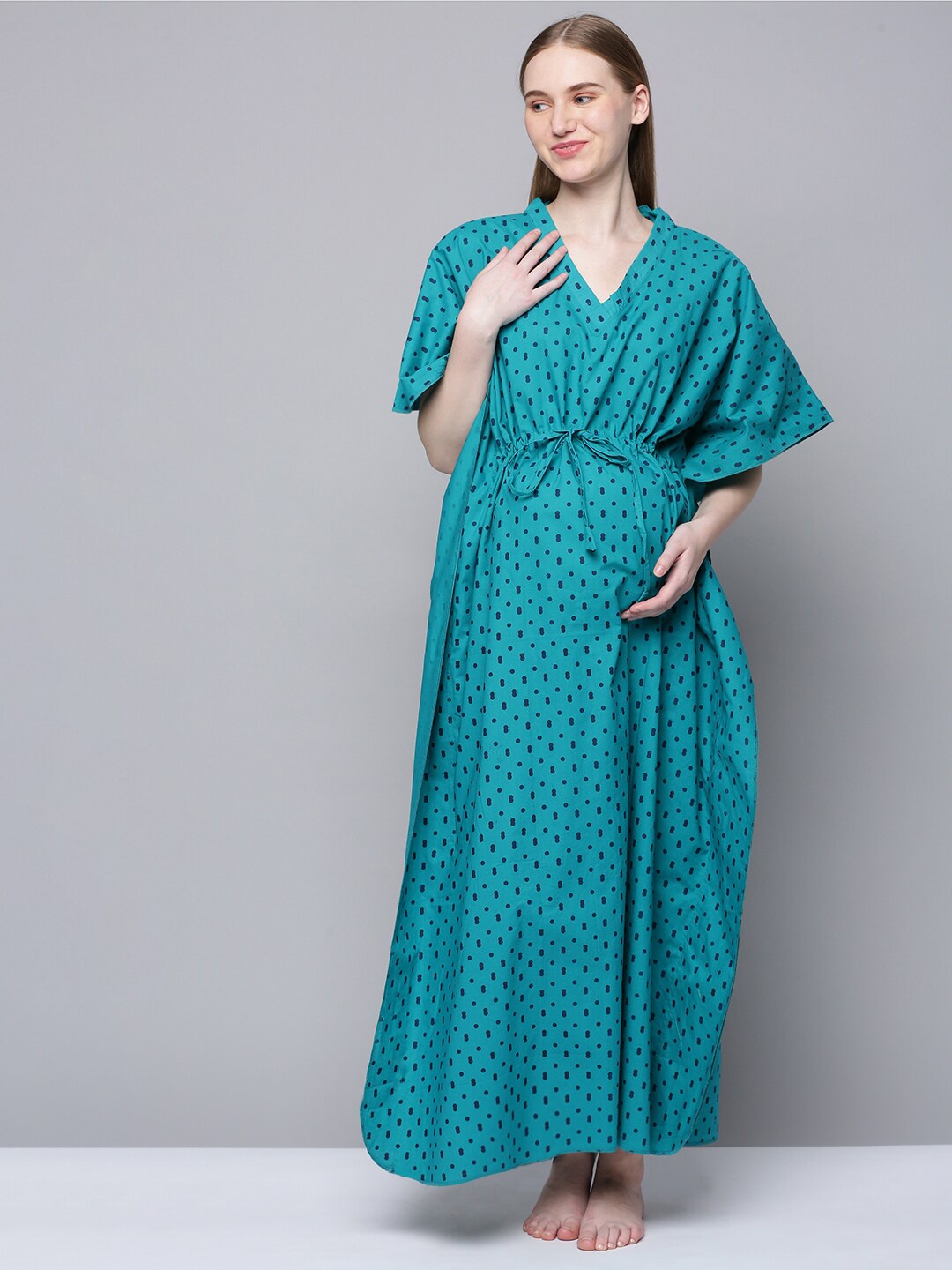 

Kryptic Polka Dots Printed Pure Cotton Maternity Maxi Nightdress, Green