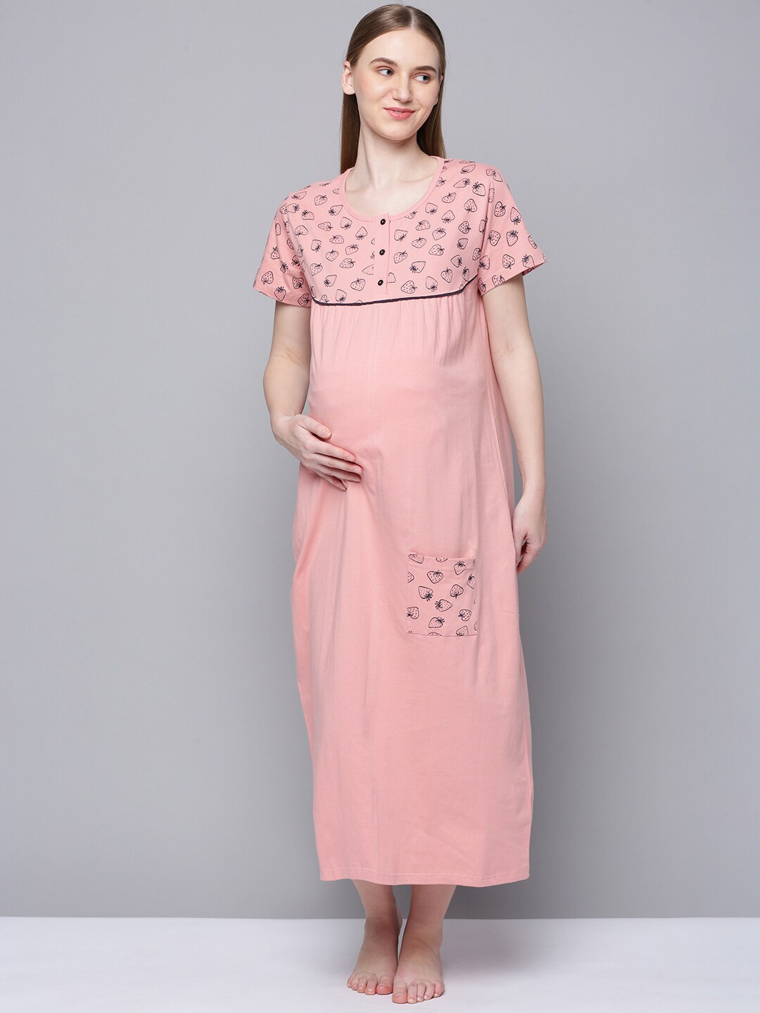 

Kryptic Conversational Printed Pure Cotton Maternity Maxi Nightdress, Rose