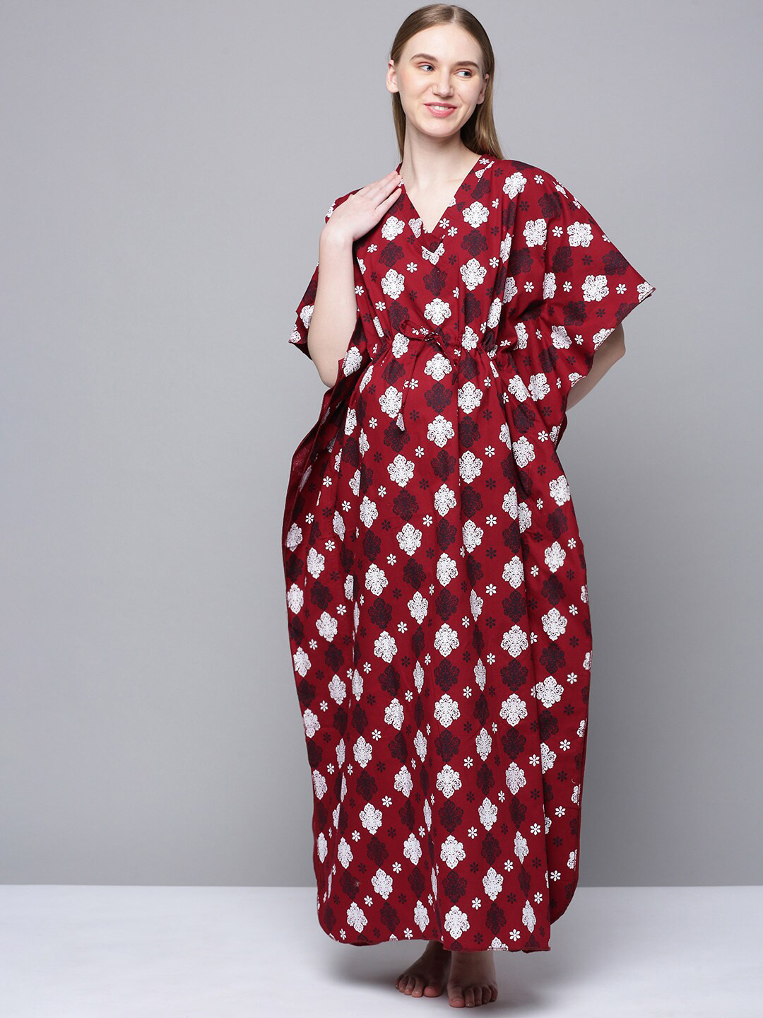 

Kryptic Ethnic Motifs Printed Pure Cotton Maternity Maxi Nightdress, Maroon