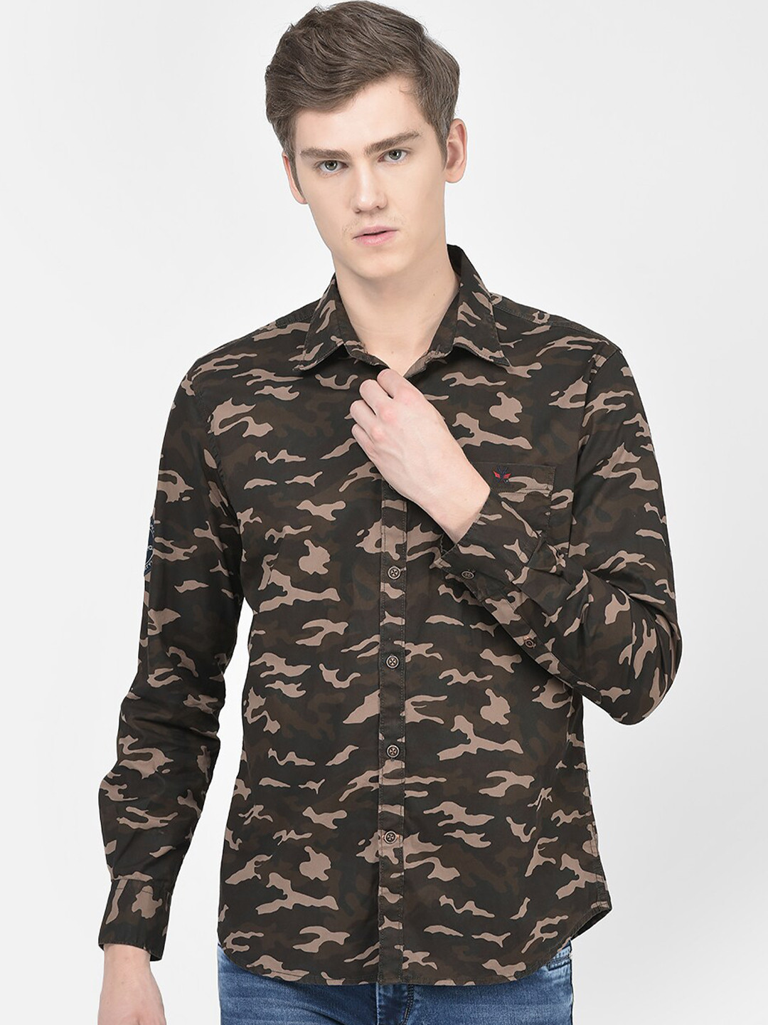 

Crimsoune Club Slim Fit Camouflage Printed Opaque Casual Shirt, Brown