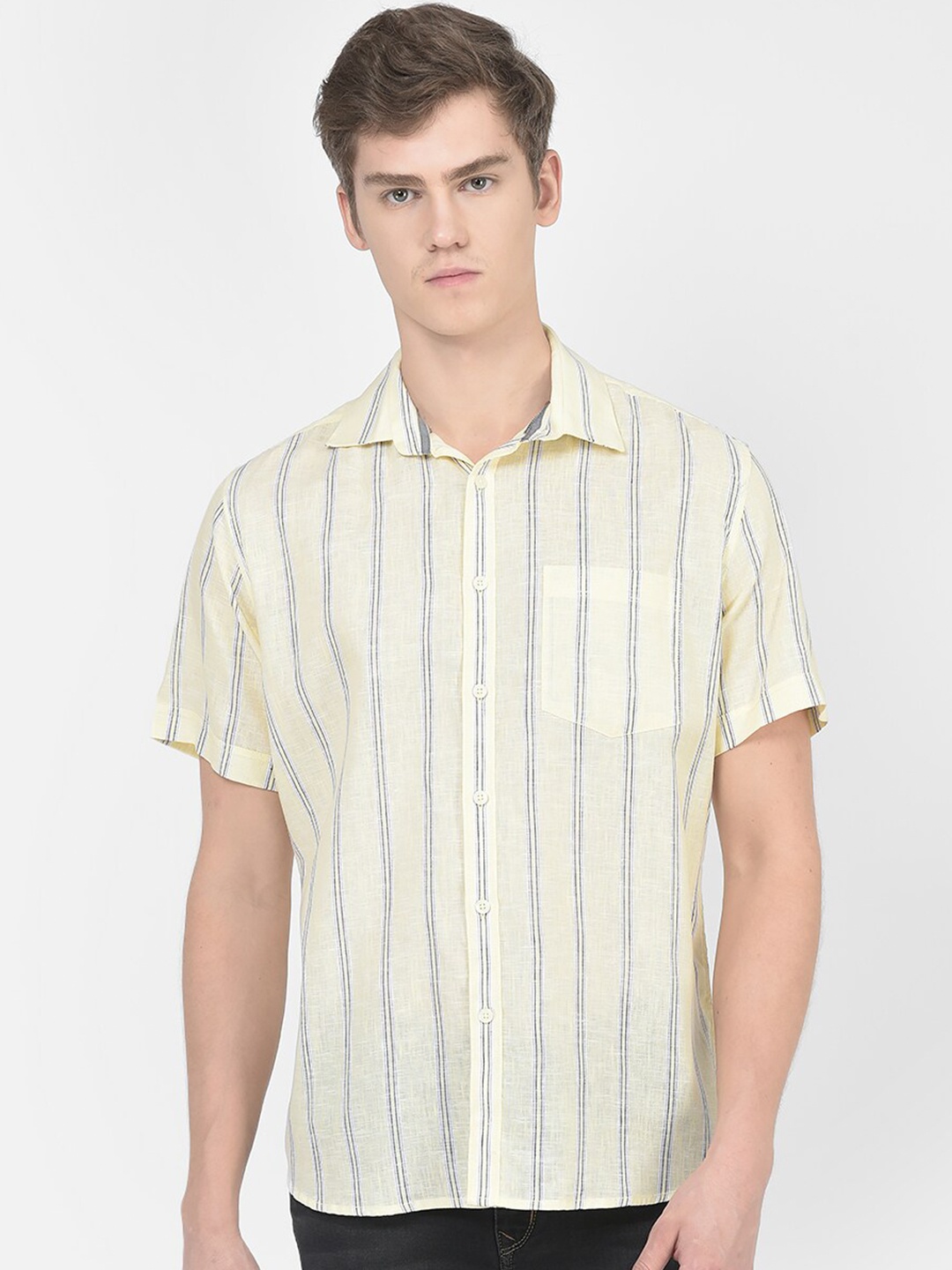 

Crimsoune Club Slim Fit Opaque Striped Casual Shirt, Yellow