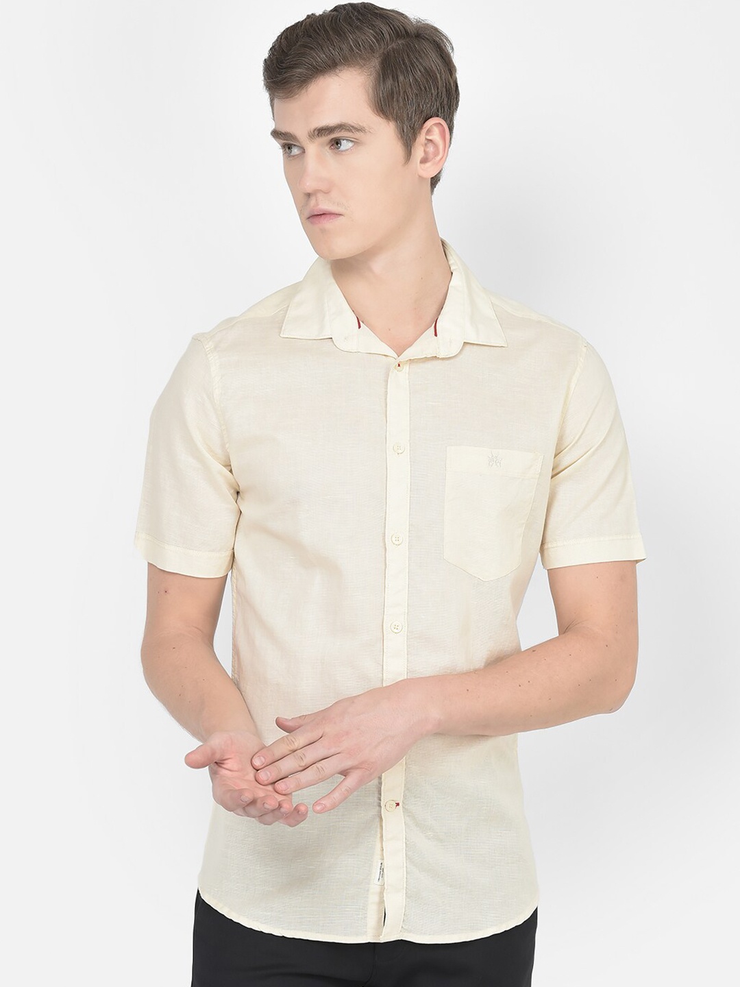 

Crimsoune Club Spread Collar Slim Fit Cotton Linen Casual Shirt, Cream