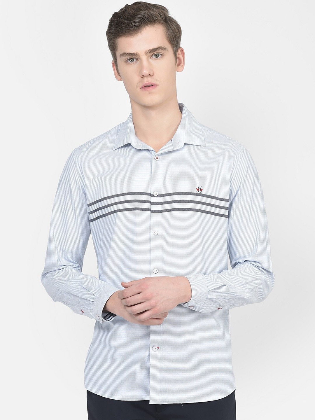 

Crimsoune Club Slim Fit Opaque Striped Casual Pure Cotton Shirt, Blue