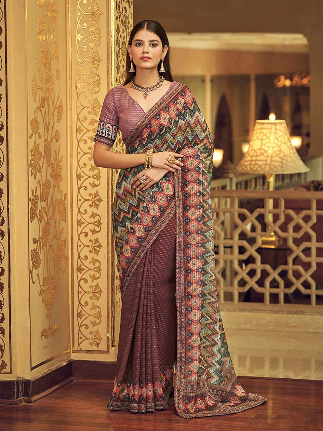 

ODETTE Ethnic Printed Embellished Saree, Peach
