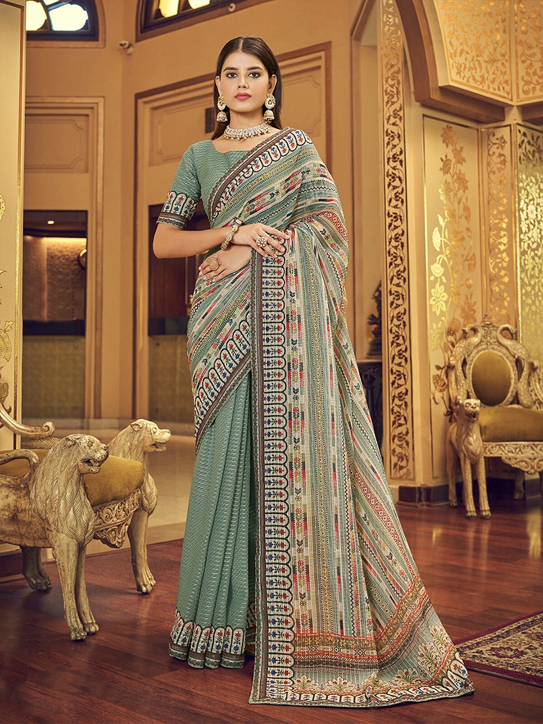 

ODETTE Ethnic Printed Embellished Saree, Green