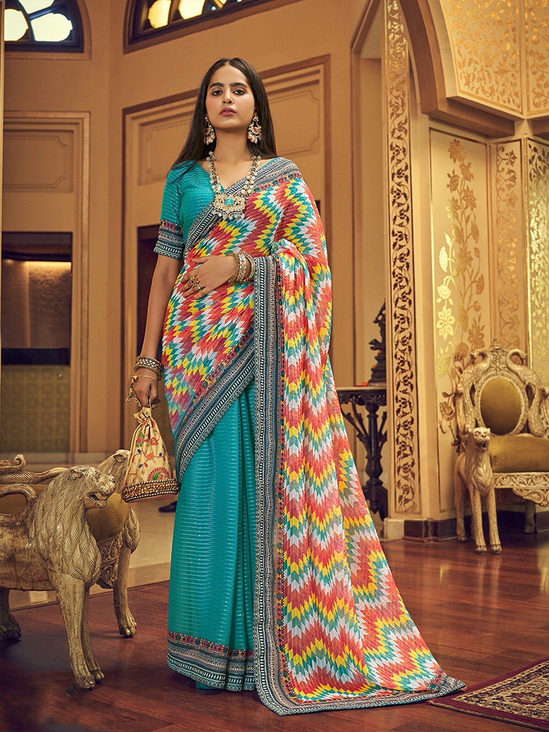 

ODETTE Geometric Printed Embroidered Saree, Green
