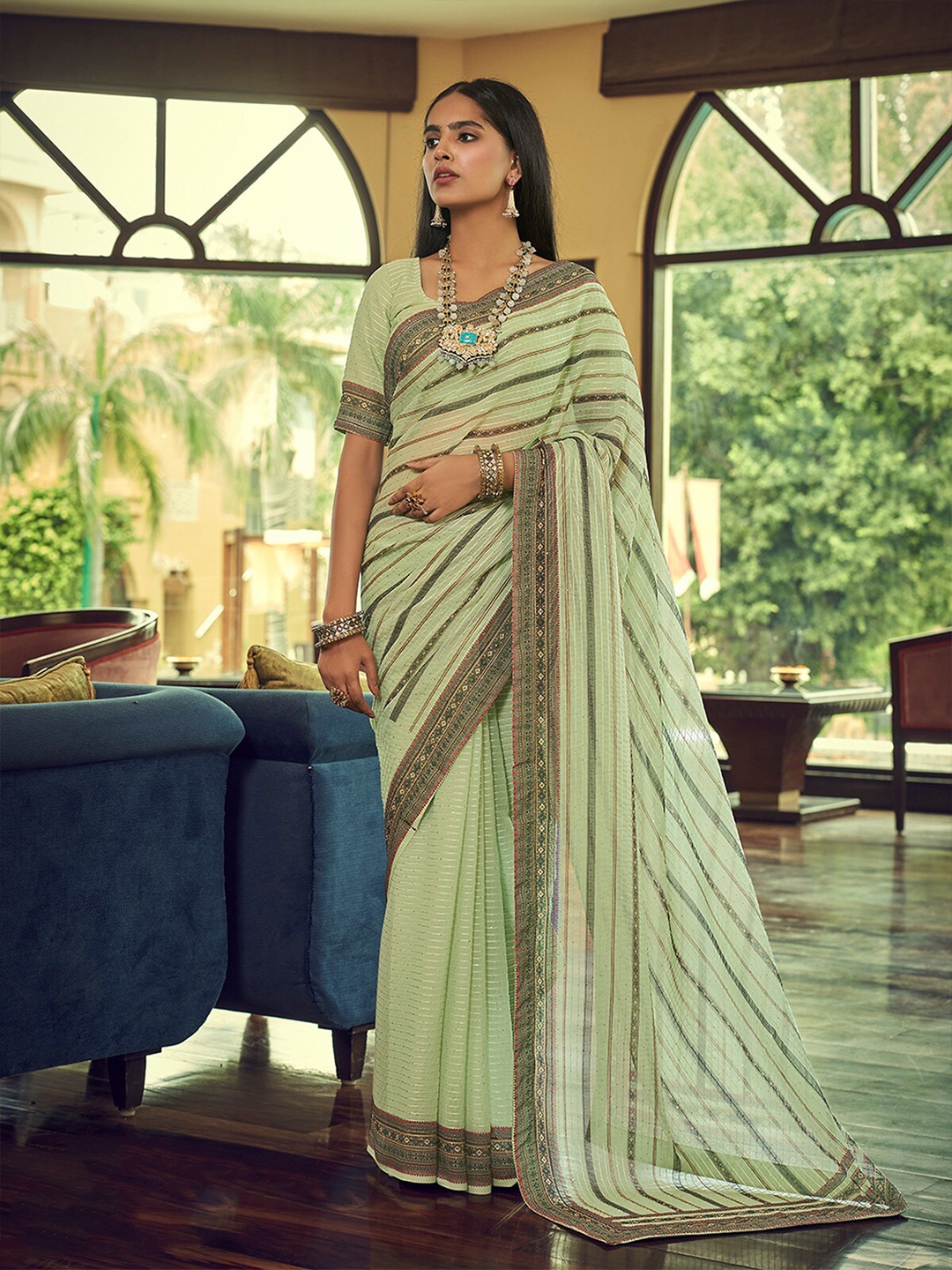 

ODETTE Striped Poly Georgette Saree, Green