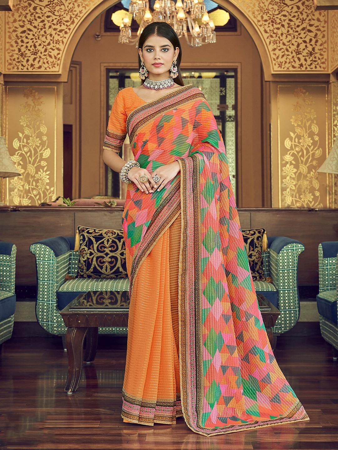 

ODETTE Geometric Printed Sequinned Saree, Orange