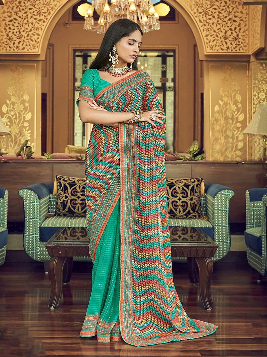 

ODETTE Embellished Poly Georgette Saree, Green