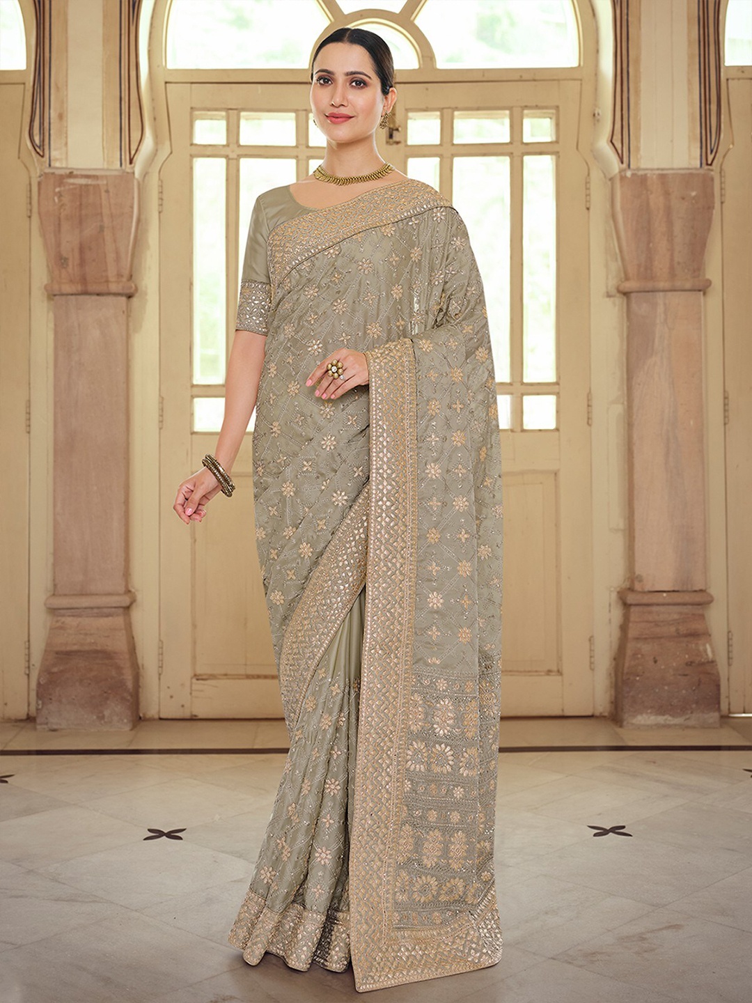 

ODETTE Ethnic Motif Embroidered Georgette Saree With Unstitched Blouse, Grey