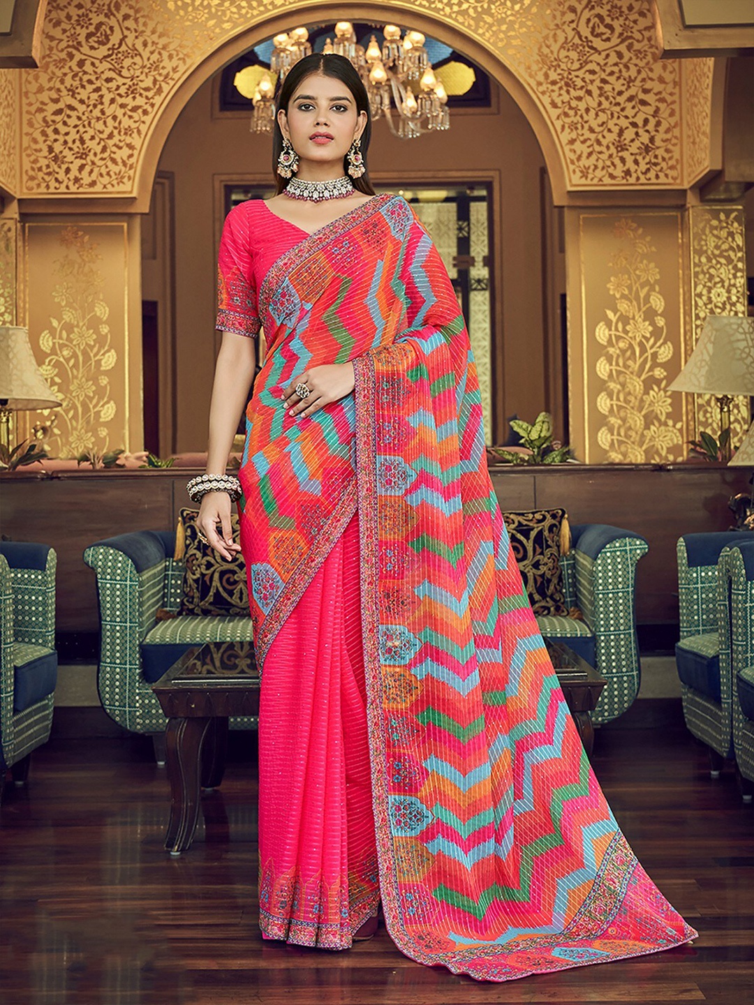 

ODETTE Ethnic Motif Printed Embellished Saree, Pink