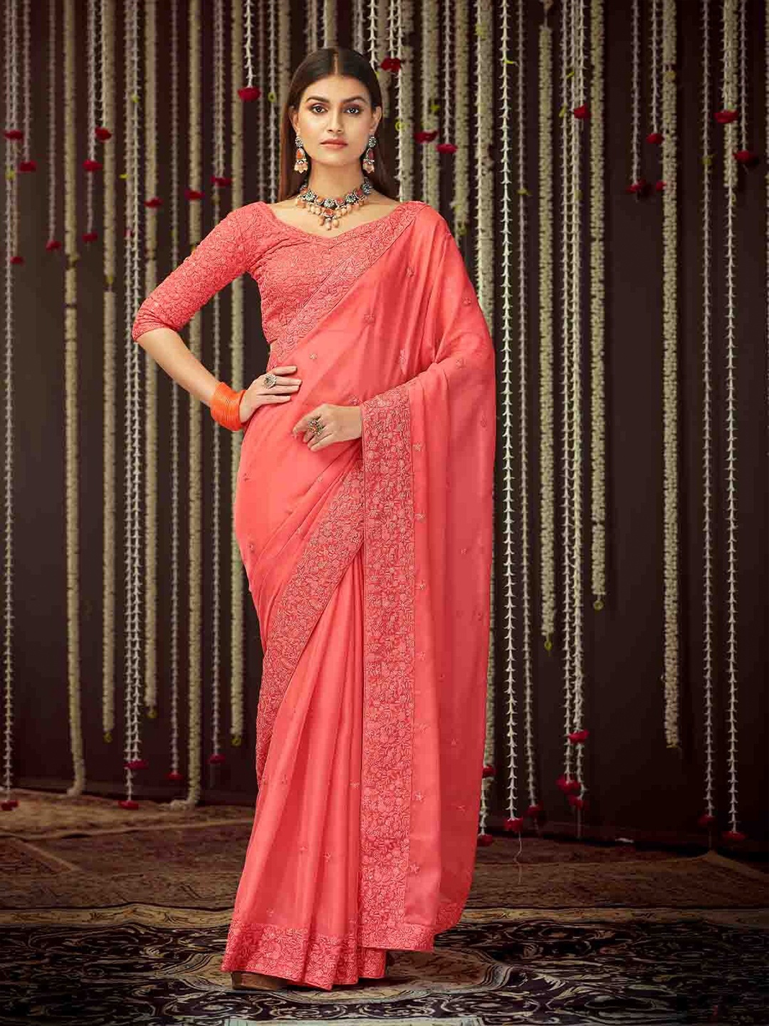 

ODETTE Embroidered Sequinned Organza Saree, Peach