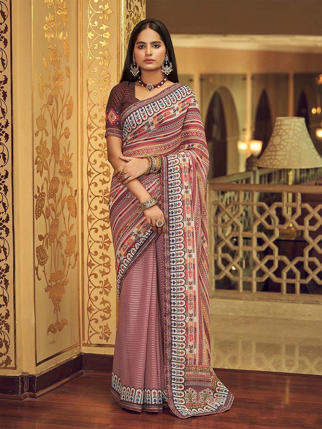 

ODETTE Poly Georgette Embroidered Saree, Pink