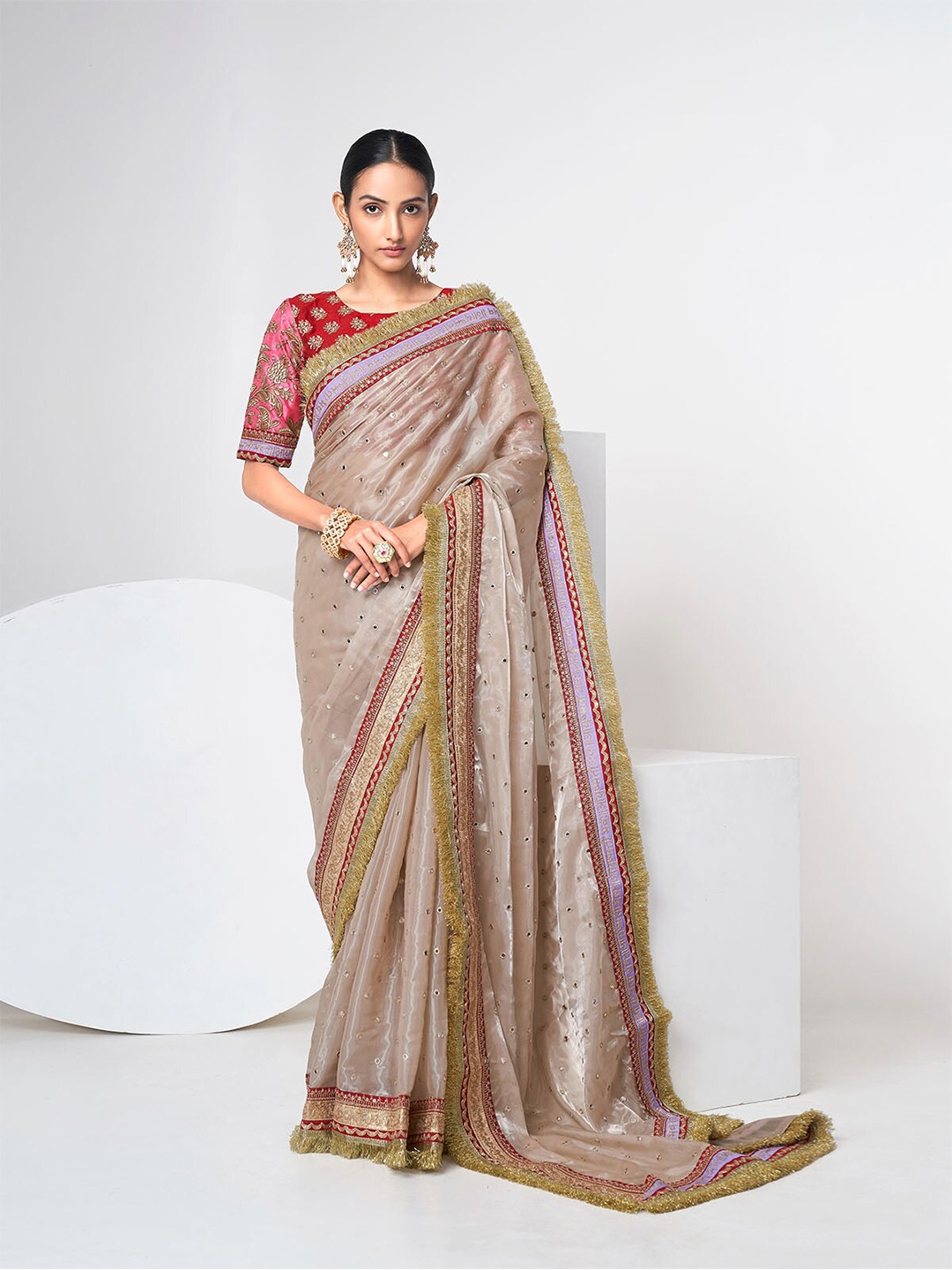

ODETTE Embellished Mirror Work Saree, Beige