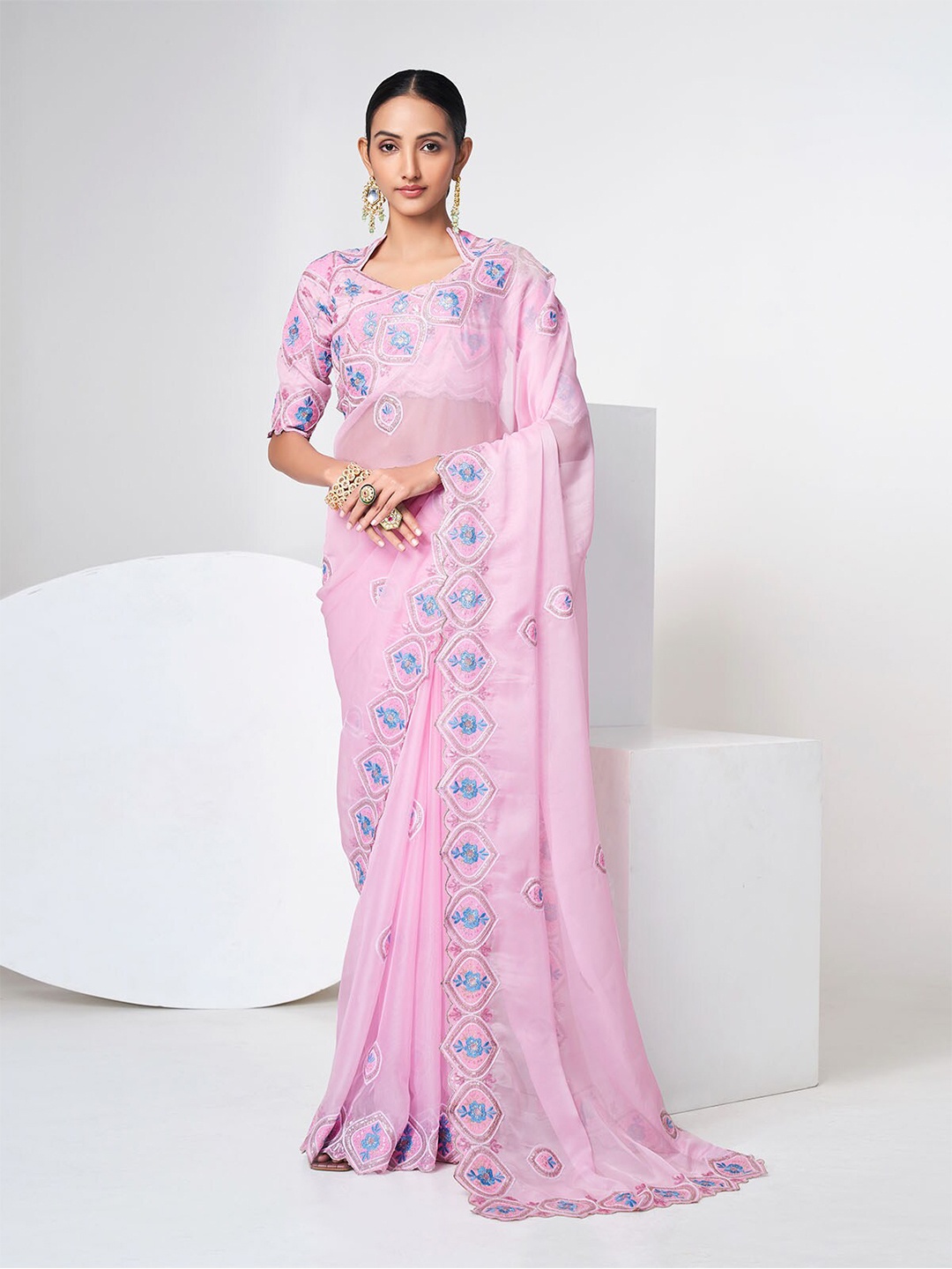 

ODETTE Floral Embroidered Zari Organza Saree, Pink