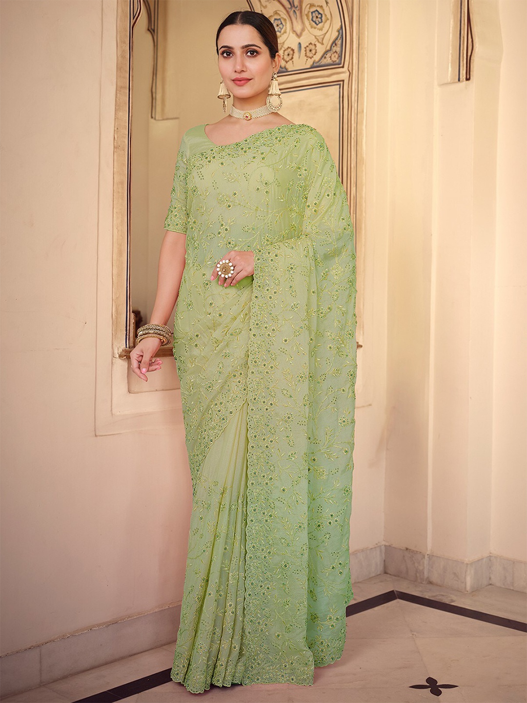 

ODETTE Floral Embroidered Zari Saree, Green