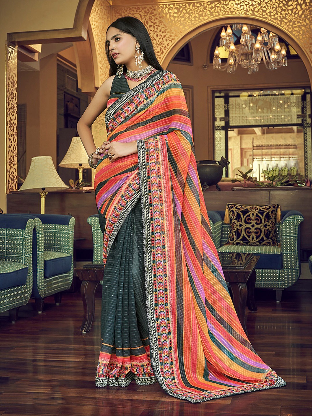 

ODETTE Striped Sequinned Poly Georgette Saree, Green