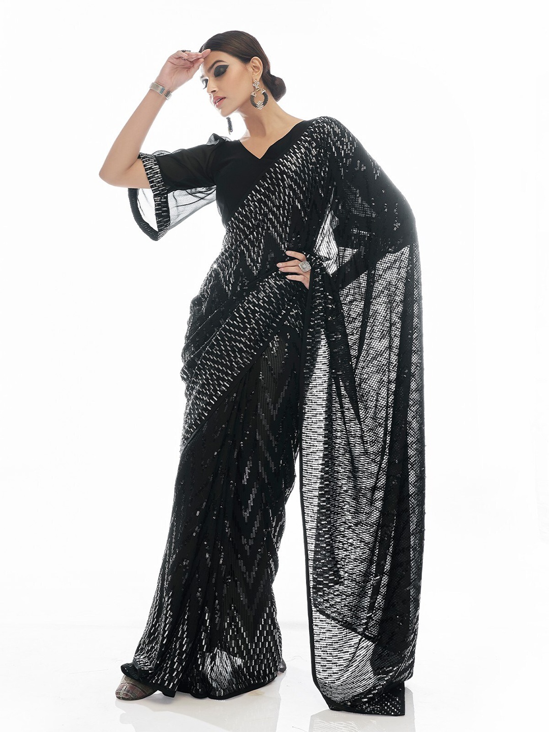 

ODETTE Sequinned Poly Georgette Saree, Black