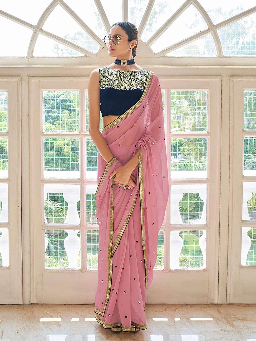 

ODETTE Floral Embroidered Beads And Stones Embellished Saree, Peach
