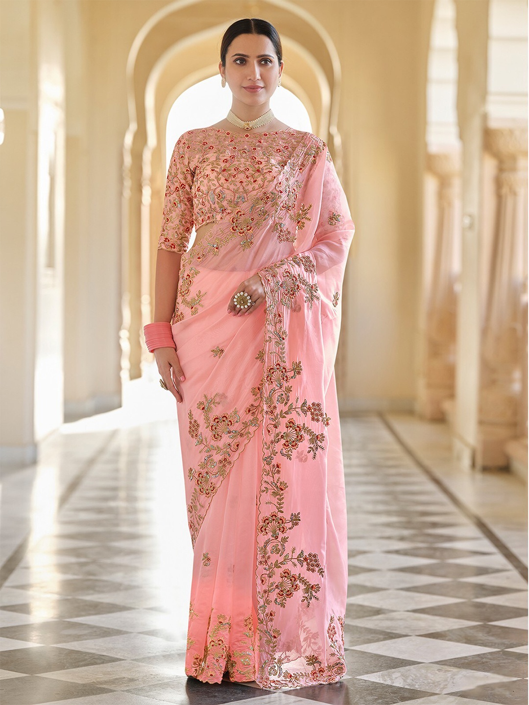 

ODETTE Floral Embroidered Organza Saree, Peach