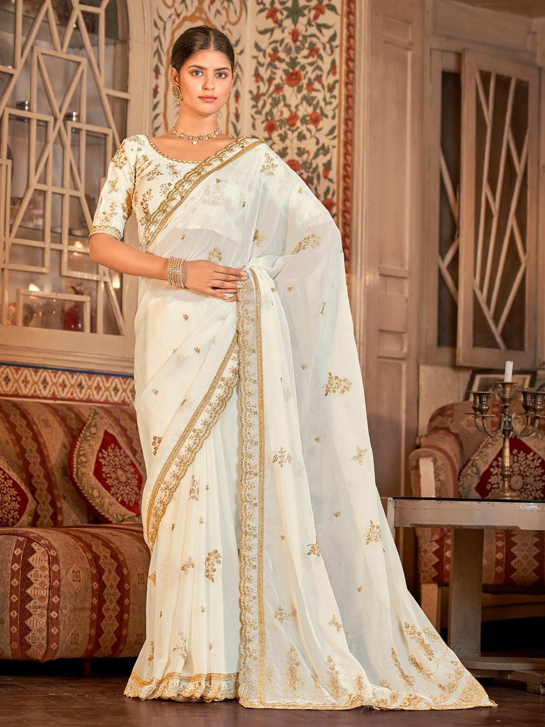 

ODETTE Floral Embroidered Organza Saree, White