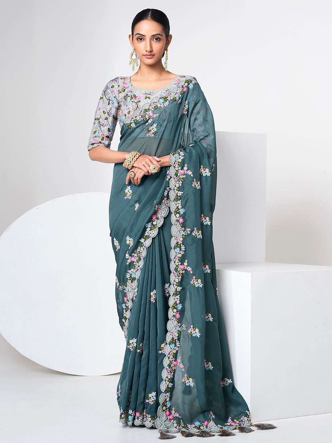 

ODETTE Floral Embroidered Organza Saree, Blue