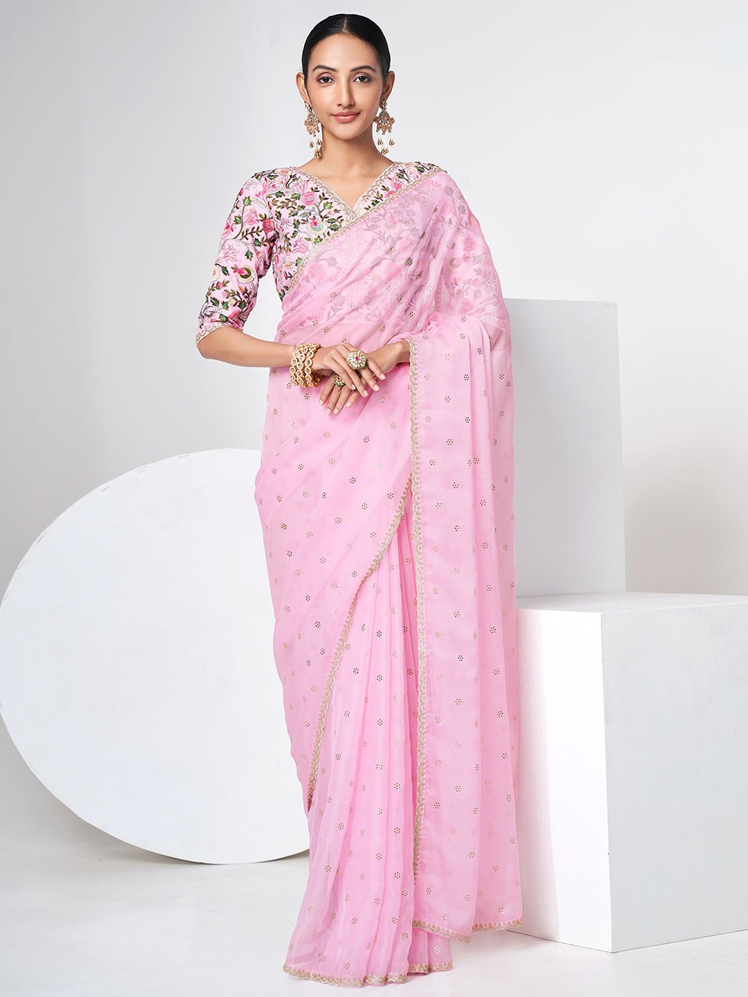 

ODETTE Embellished Organza Saree, Pink