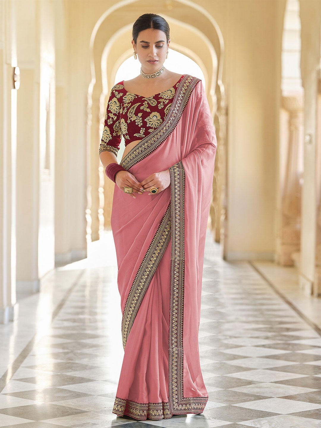 

ODETTE Embellished Organza Saree, Pink