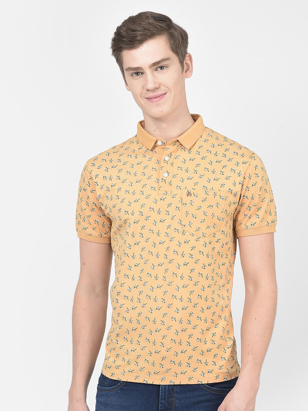 

Crimsoune Club Floral Printed Polo Collar Pure Cotton T-shirt, Yellow