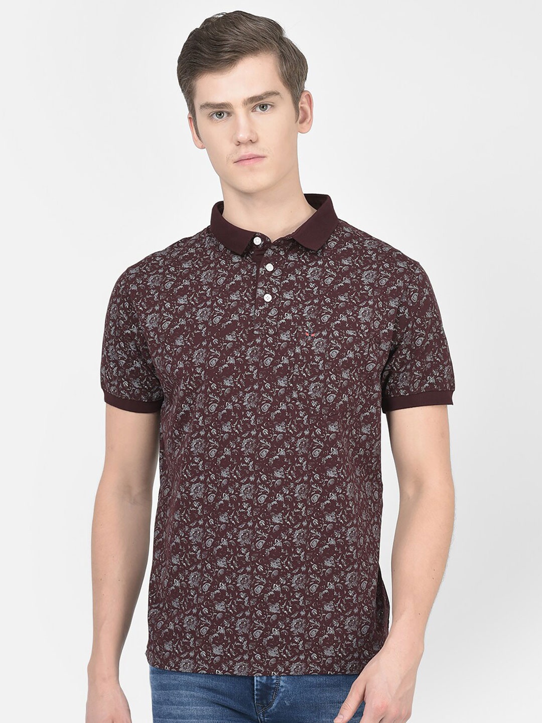 

Crimsoune Club Abstract Printed Polo Collar Pure Cotton T-shirt, Burgundy