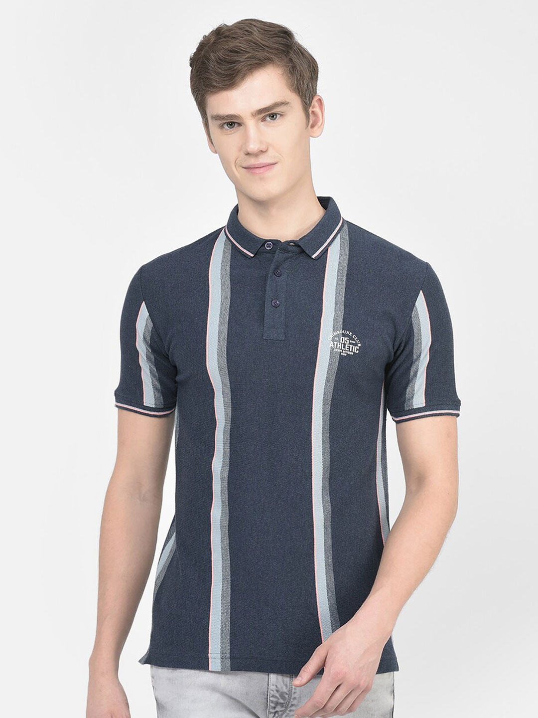 

Crimsoune Club Vertical Striped Polo Collar Cotton T-shirt, Navy blue