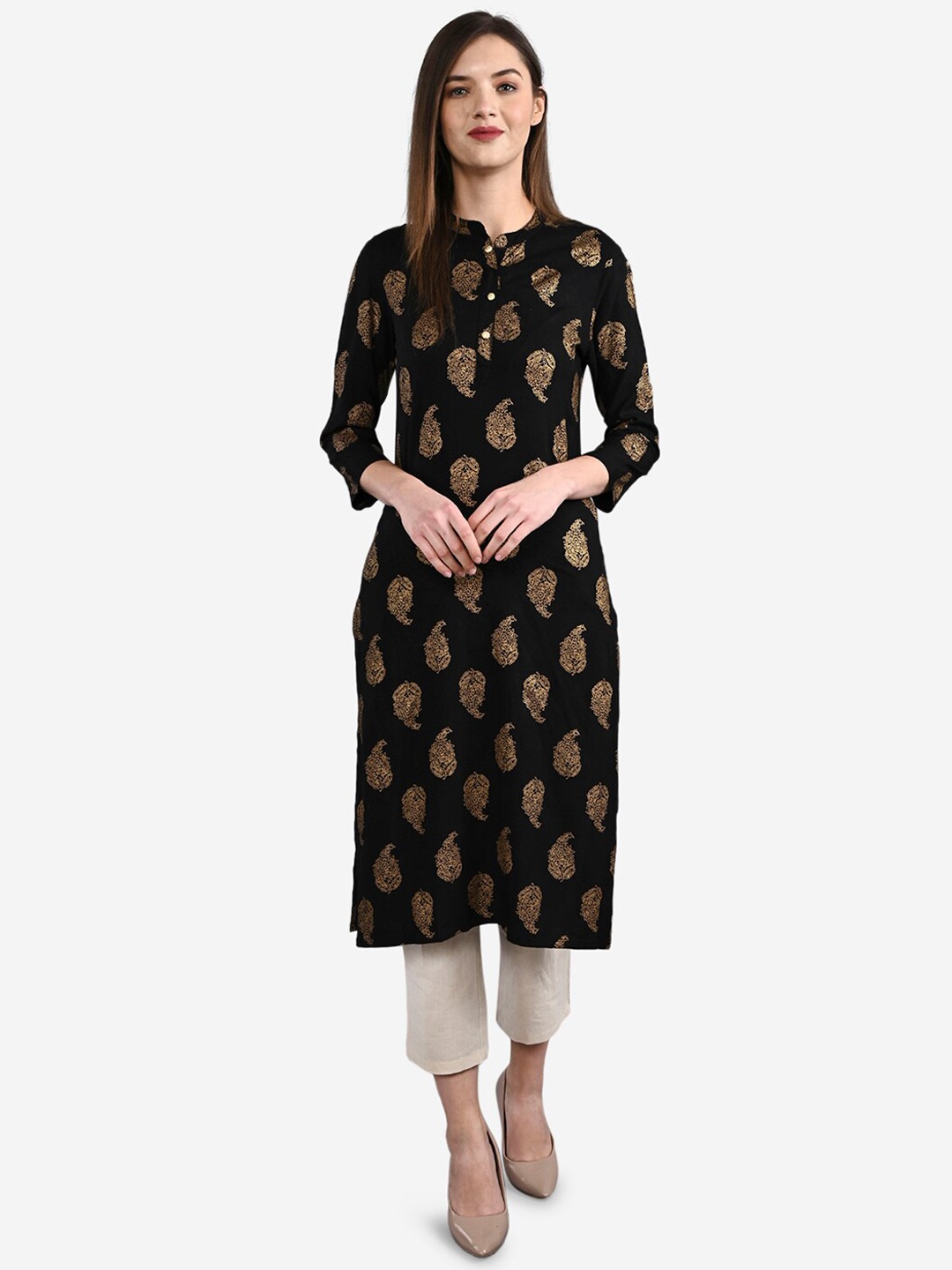 

Be Indi Women Mandarin Collar Ethnic Motifs Straight Side Slits Regular Kurta, Black