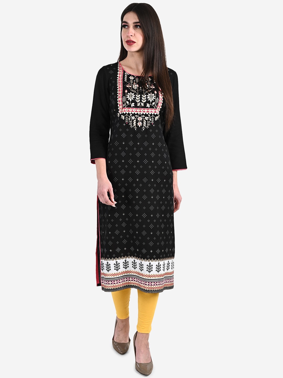 

Be Indi Ethnic Motifs Printed Sequined Work Straight Kurta, Black