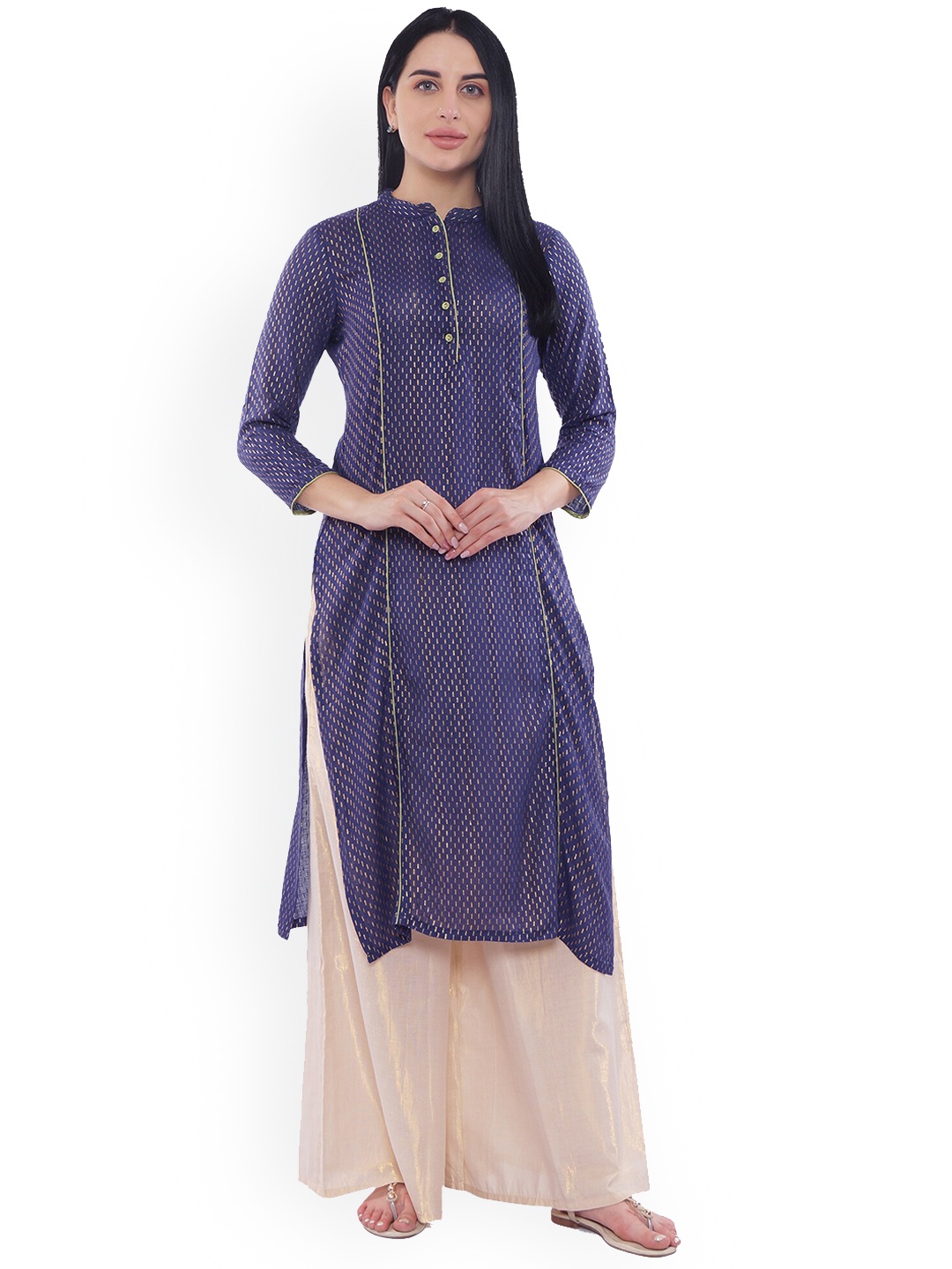 

Be Indi Geometric Foil Printed Dobby Cotton Kurta, Navy blue