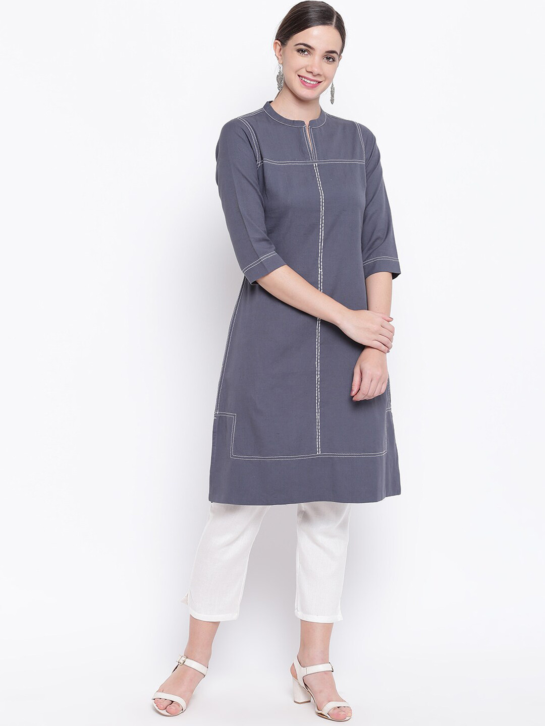 

Be Indi Striped Band Collar Straight Cotton Kurta, Grey