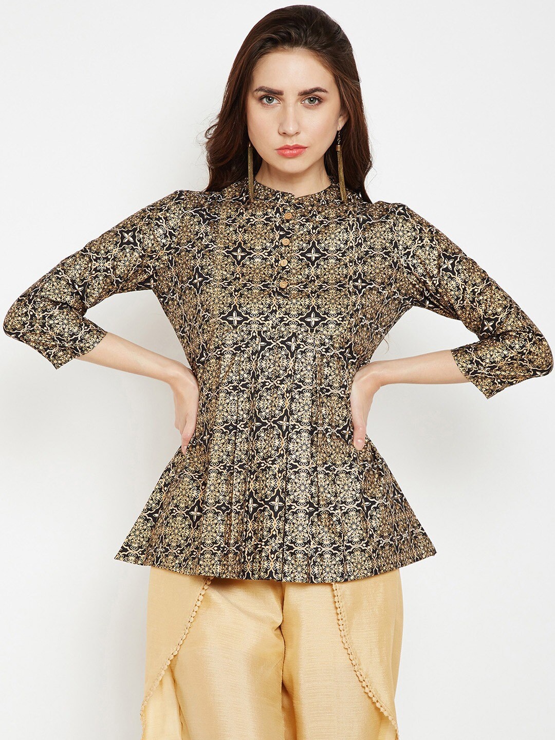 

Be Indi Ethnic Motifs Printed Pleated A-Line Kurti, Beige