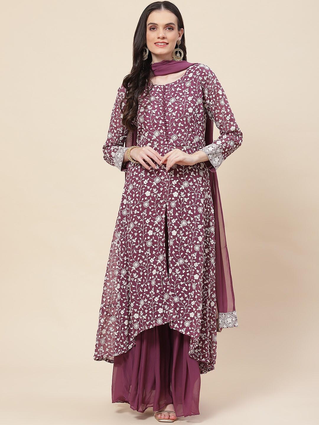 

Meena Bazaar Floral Embroidered Asymmetric Kurta With Palazzos & Dupatta, Burgundy