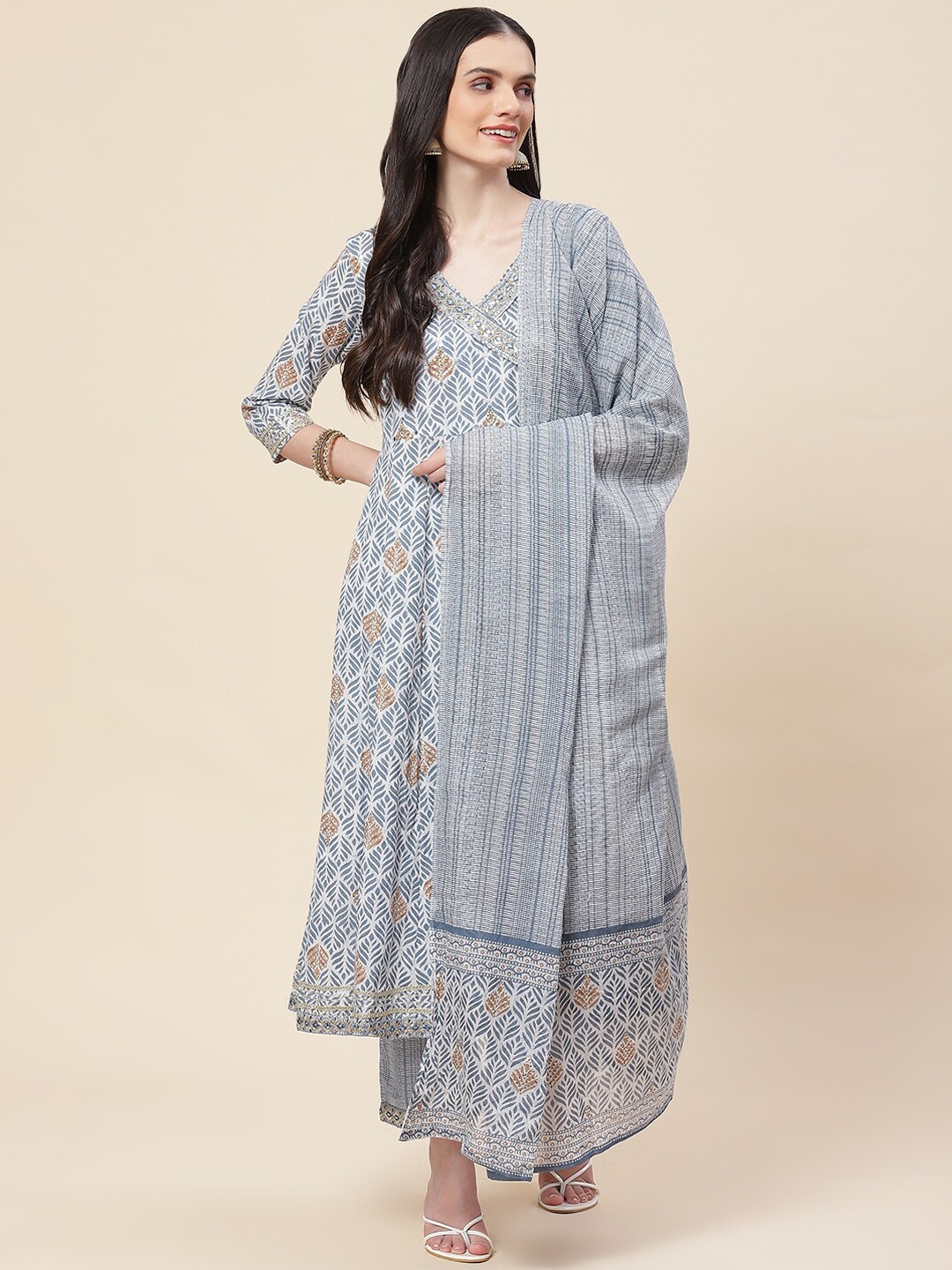 

Meena Bazaar Floral Printed Mirror Work Angrakha Kurta With Trousers & Dupatta, Grey
