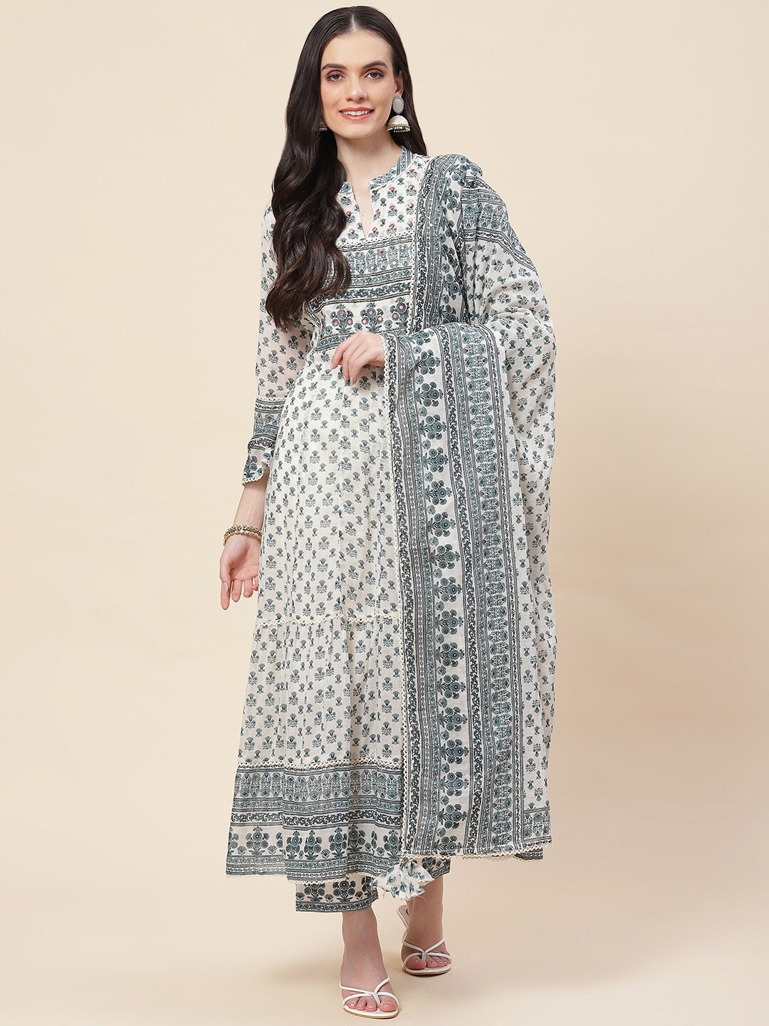 

Meena Bazaar Floral Printed Mirror Work Kurta with Trousers & Dupatta, Off white
