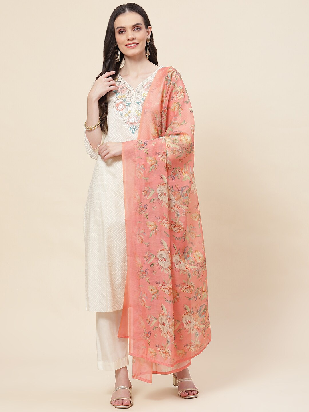 

Meena Bazaar Floral Embroidered Kurta with Trousers & Dupatta, Cream