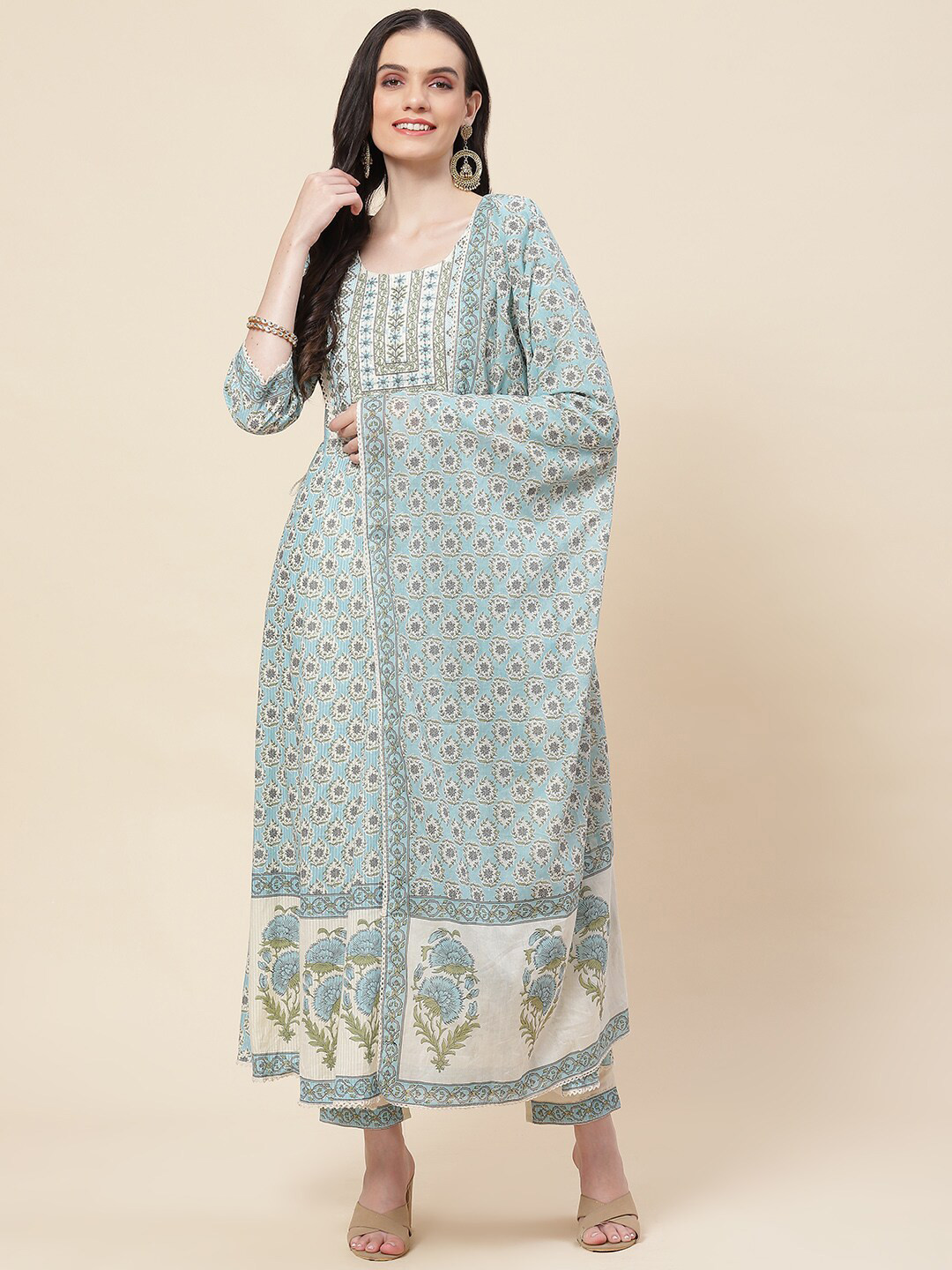 

Meena Bazaar Floral Embroidered A-Line Kurta with Trousers & With Dupatta, Turquoise blue