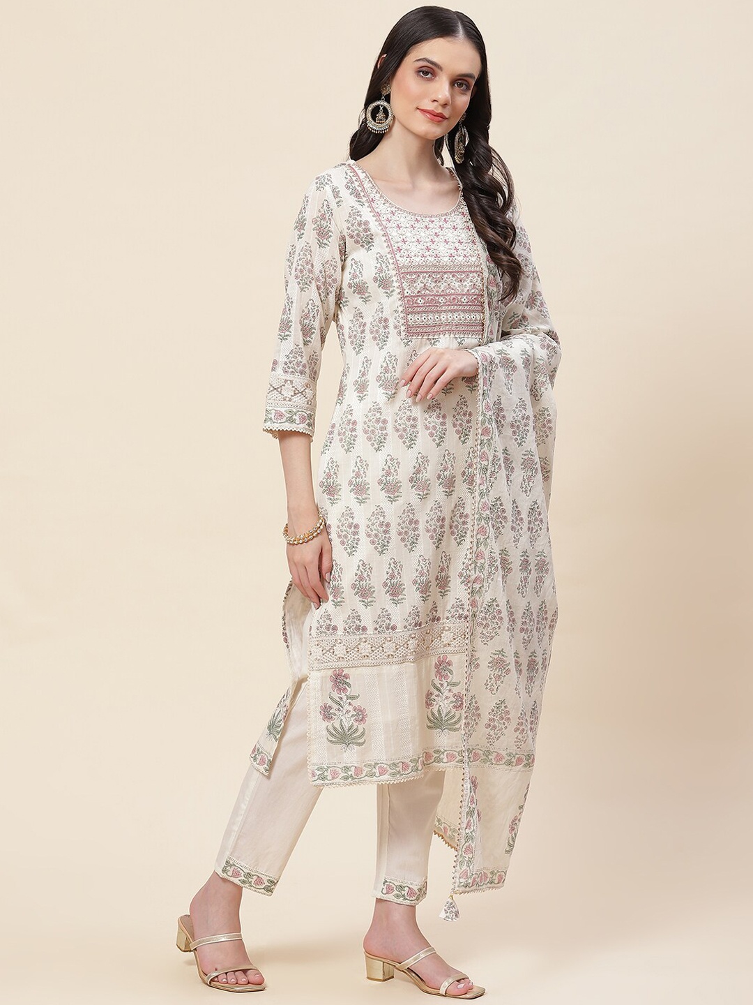 

Meena Bazaar Embroidered Straight Kurta with Trousers & With Dupatta, Off white