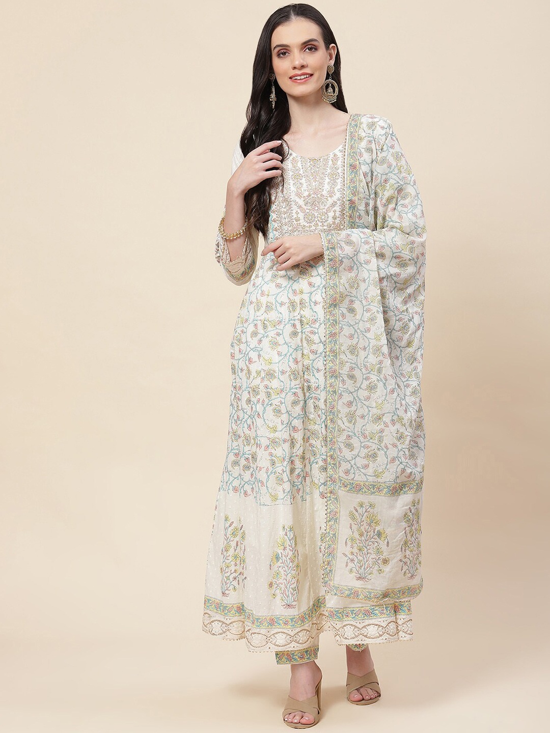 

Meena Bazaar Floral Embroidered A-Line Kurta with Trousers & With Dupatta, White