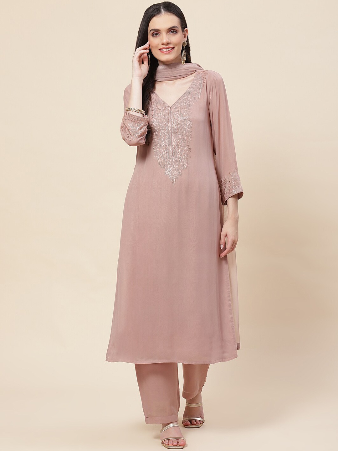 

Meena Bazaar Yoke Design Georgette Straight Kurta with Trousers & With Dupatta, Peach