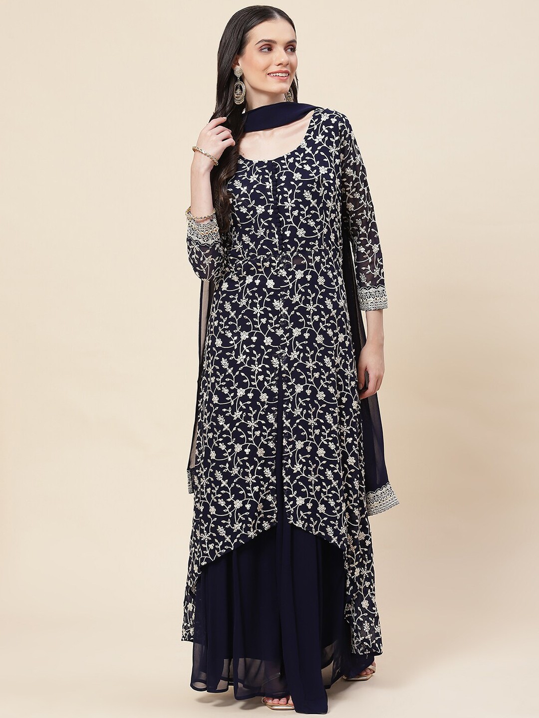 

Meena Bazaar Embroidered Georgette A-Line Kurta with Palazzos & With Dupatta, Navy blue